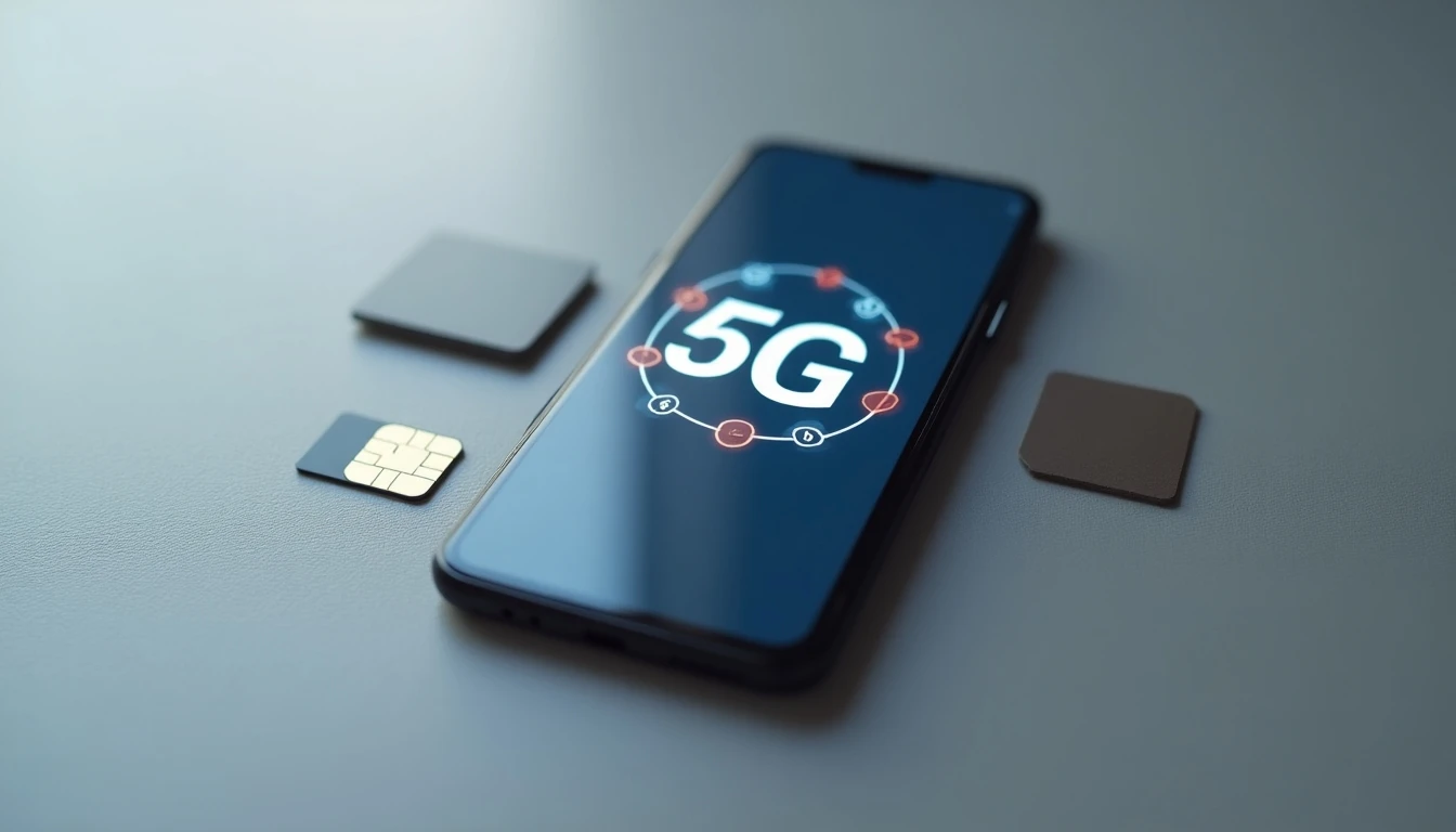 Smartphone mostrando el icono 5G junto a un chip Movistar sobre superficie gris.