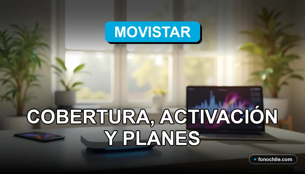 Un moderno router 5G de Movistar con luces LED azules, sobre una mesa de diseño minimalista.