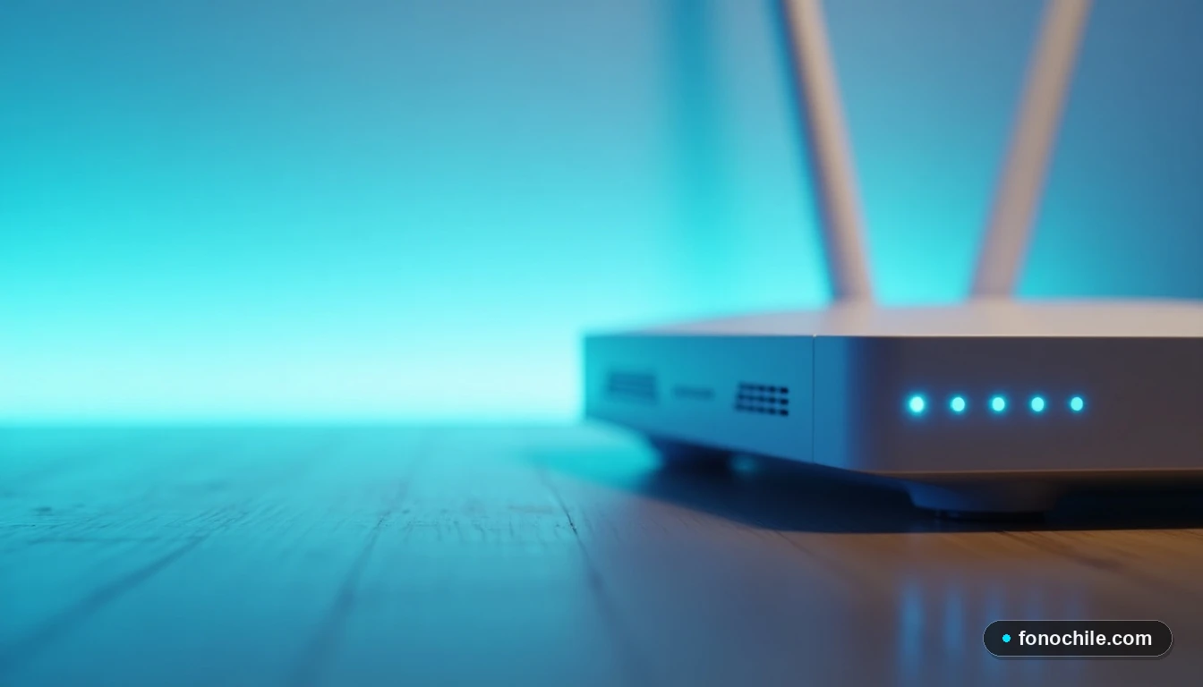 Detalle del router 5G de Movistar con iluminación LED cian, en un entorno doméstico minimalista y luminoso.