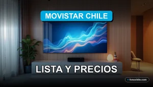 Guía de canales de televisión Movistar Chile mostrada en una pantalla moderna en un living contemporáneo.