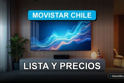 Guía de canales de televisión Movistar Chile mostrada en una pantalla moderna en un living contemporáneo.