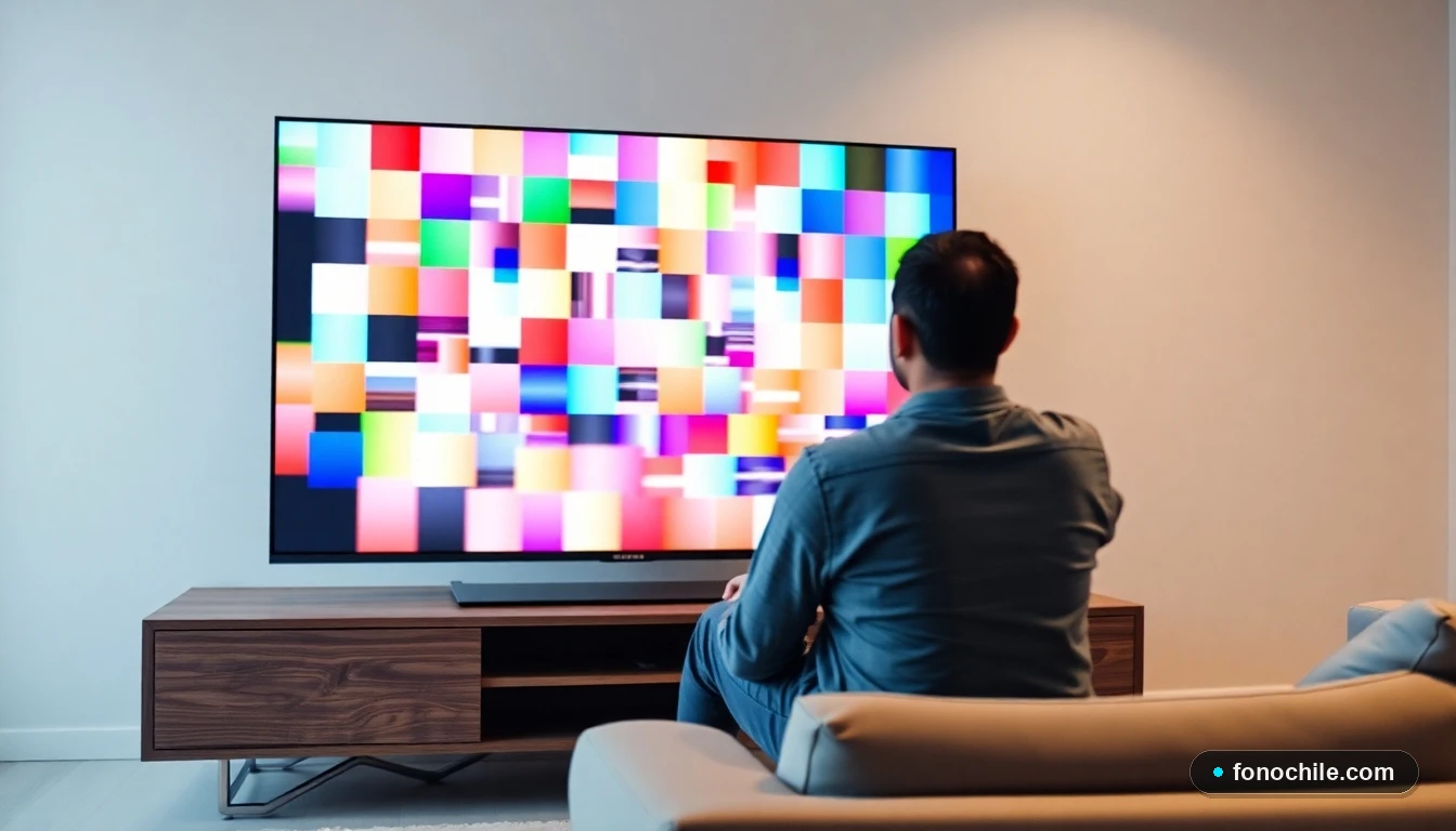 Hombre hispano viendo una guía de canales abstracta y colorida en una pantalla de TV moderna en su sala de estar.