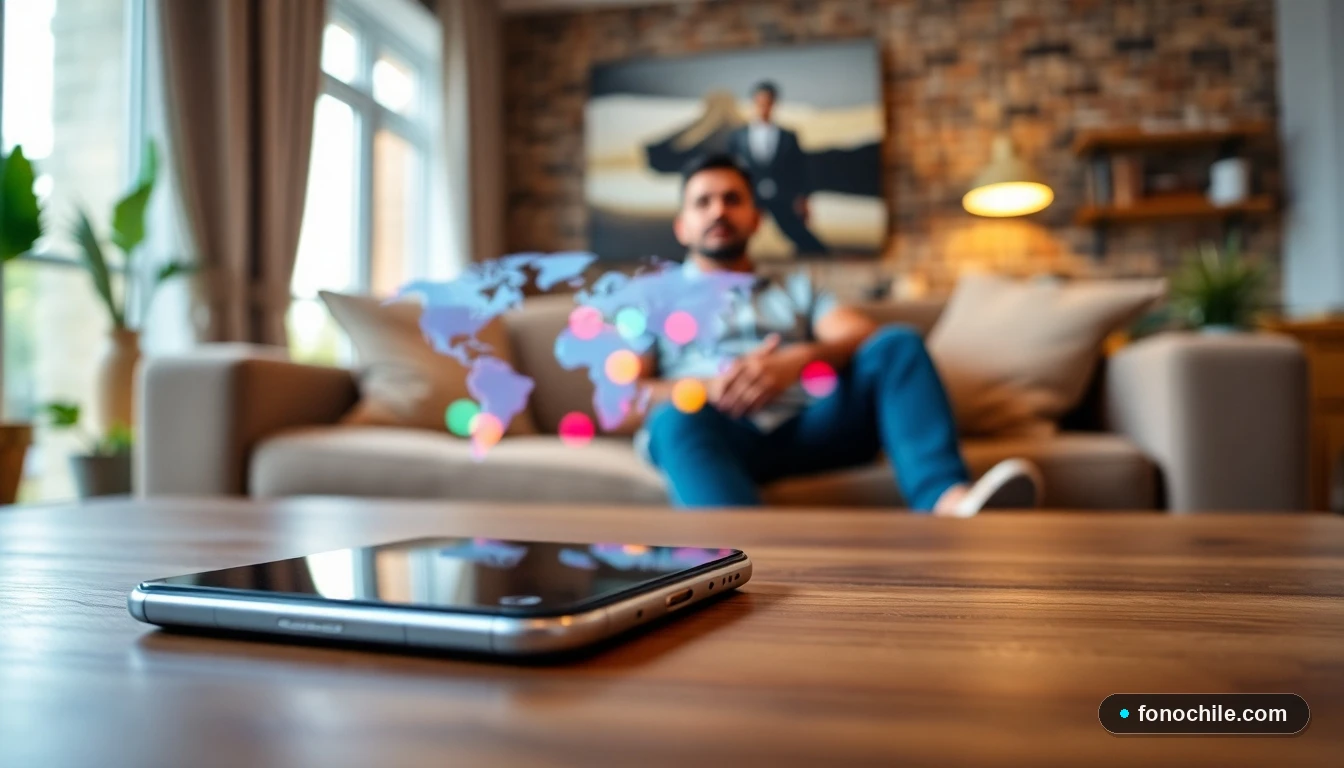 Smartphone mostrando gráficos abstractos de conexión internacional en un entorno hogareño.