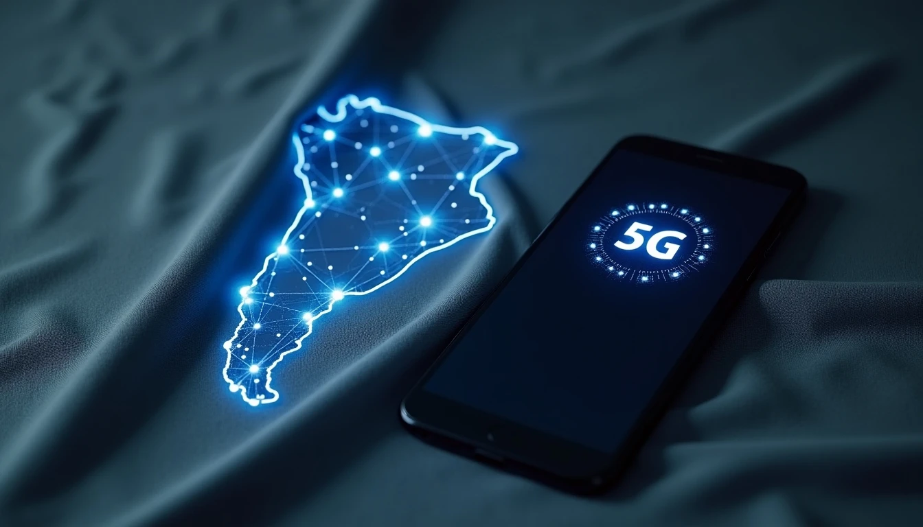 Smartphone con icono 5G y mapa de cobertura en Chile para comparar planes de internet móvil.