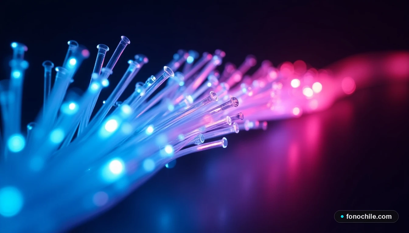 Detalle abstracto de cables de fibra óptica iluminados, representando la velocidad y infraestructura de la red 5G.