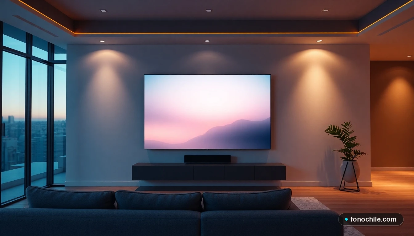 Ambiente moderno de sala de estar con televisor inteligente mostrando una interfaz genérica.