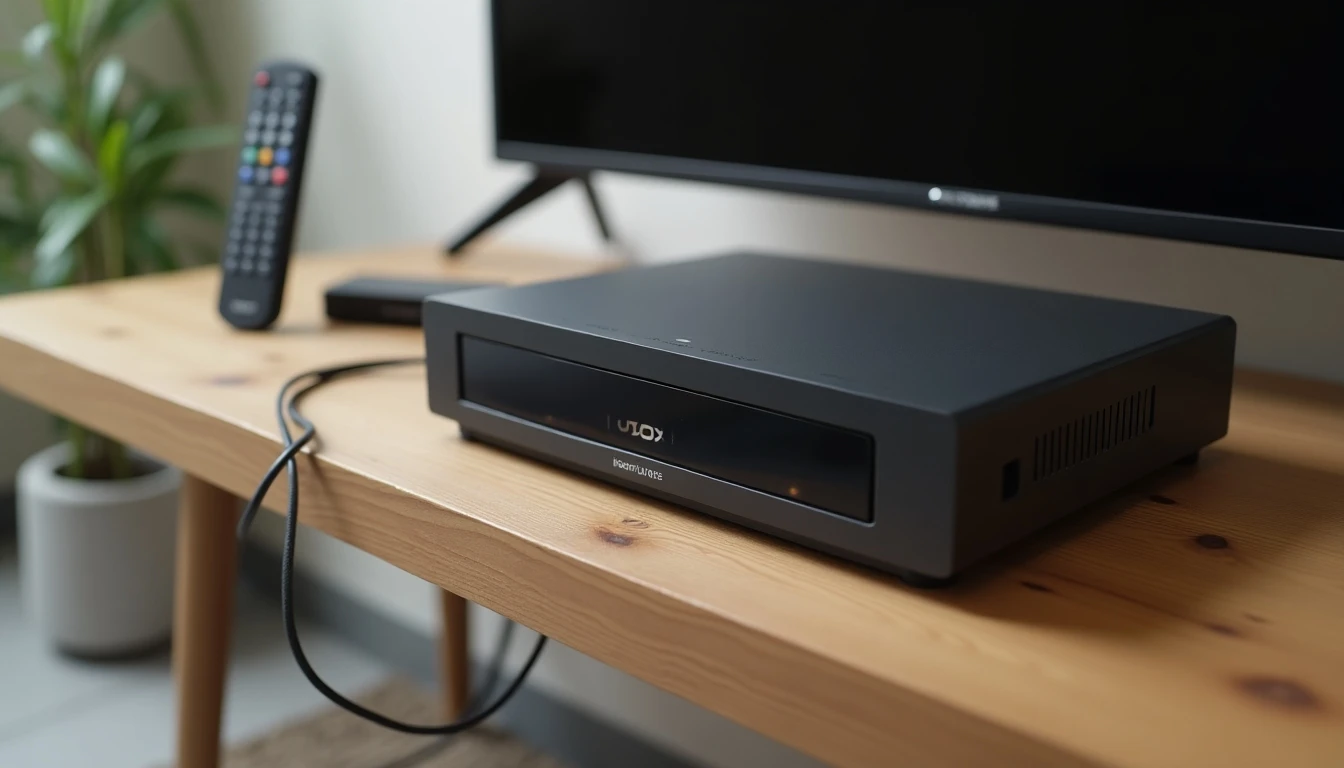 Decodificador d-BOX VTR y control remoto sobre una mesa