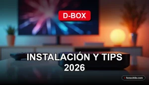 Decodificador d-BOX VTR sobre una mesa de madera moderna, mostrando gráficos abstractos en la pantalla del televisor.