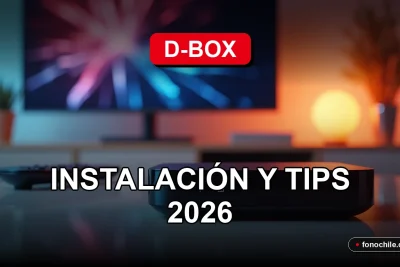 Decodificador d-BOX VTR sobre una mesa de madera moderna, mostrando gráficos abstractos en la pantalla del televisor.