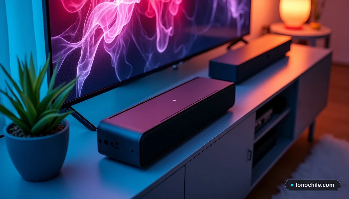 Vista aérea de una configuración de entretenimiento hogareño con el decodificador d-BOX VTR, organizado con otros dispositivos en un mueble moderno.