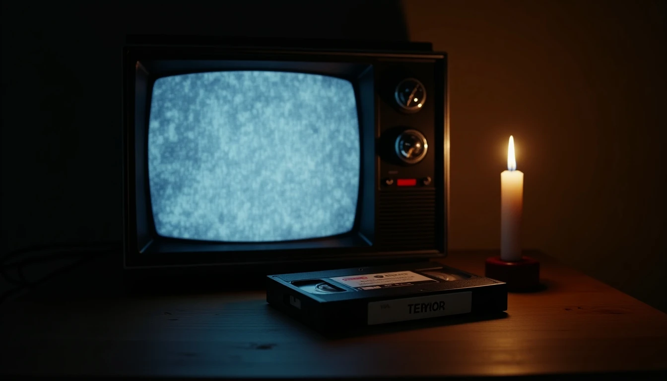 Televisor vintage con cinta VHS de terror y vela en una mesa, ambiente de miedo para streaming.