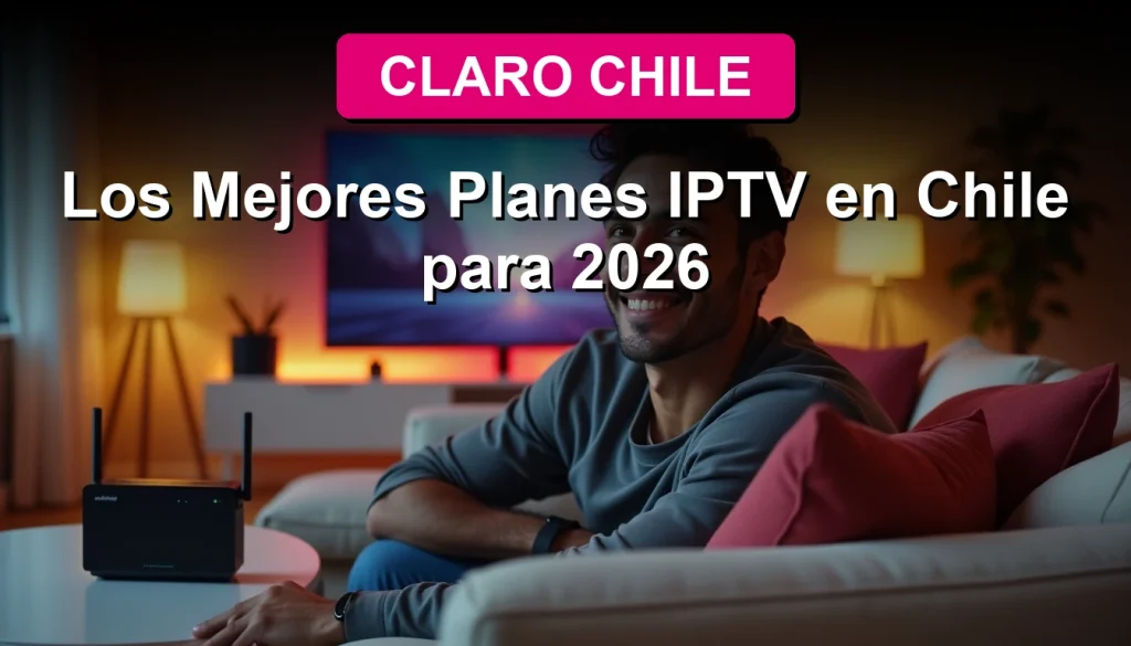 Un hombre joven sonríe mientras mira una pantalla de televisión con el logo de Claro, evaluando los planes de IPTV en su sala moderna.