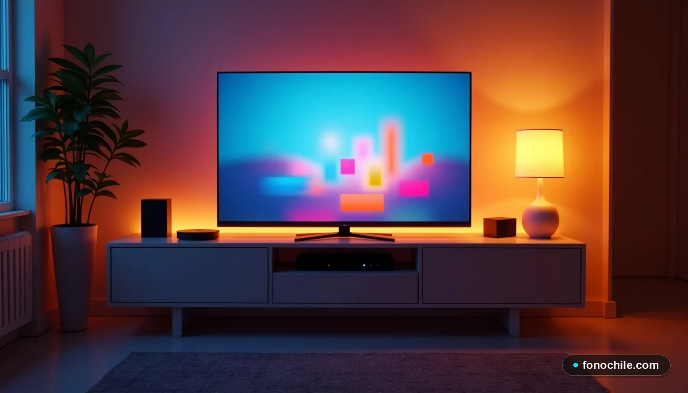Vista aérea de una configuración de entretenimiento hogareño minimalista con televisor y dispositivos de streaming, mostrando una interfaz de usuario genérica y colorida.
