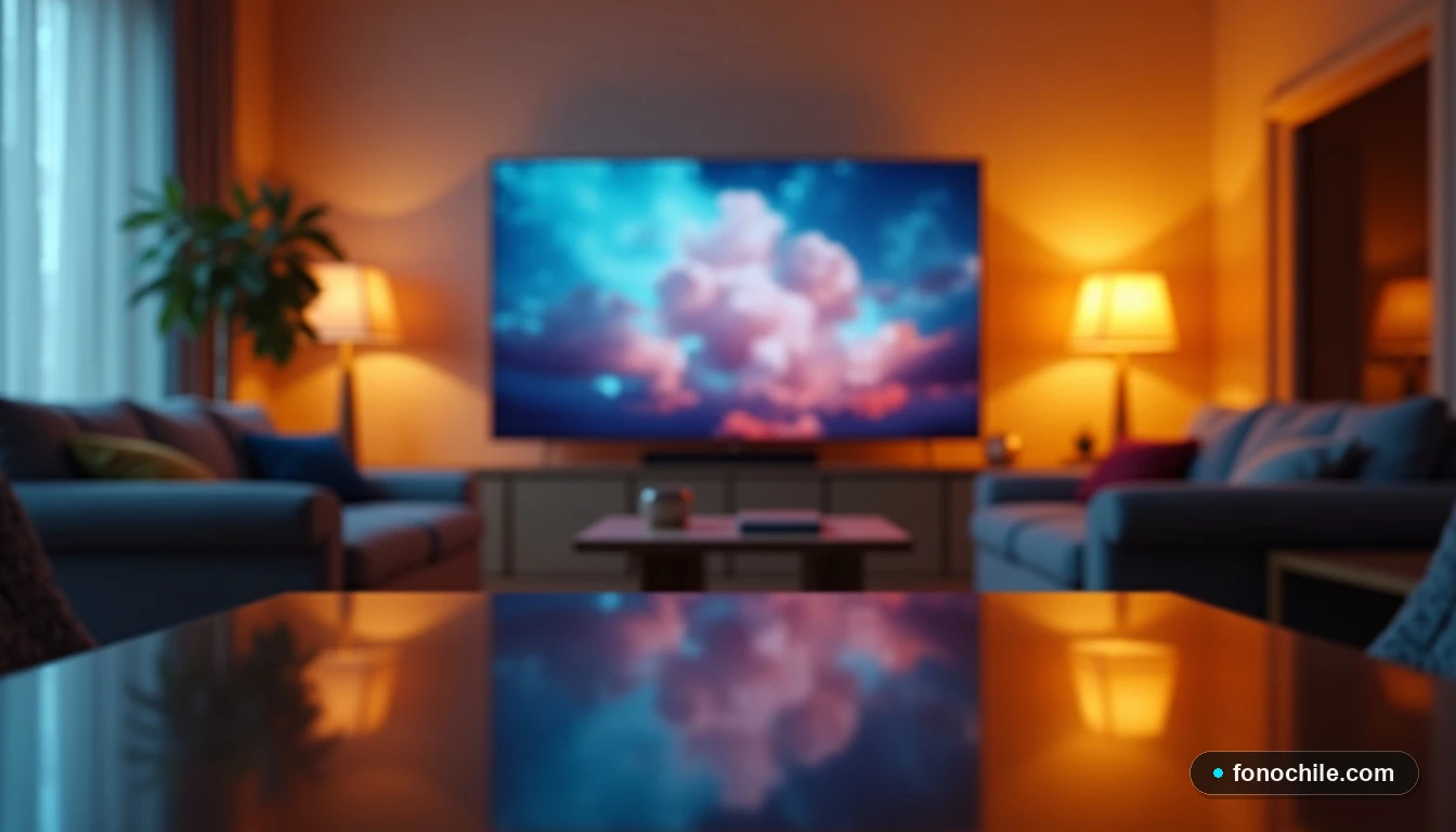 Ángulo detallado de una sala de estar con TV mostrando una interfaz genérica, reflejada en una mesa de centro.