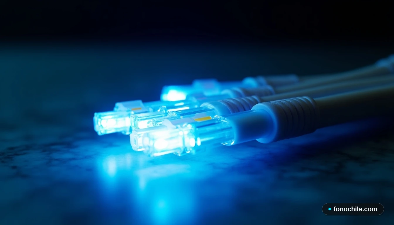 Primer plano de cables de fibra óptica iluminados, representando la velocidad y tecnología detrás de los planes de TV modernos en Chile.