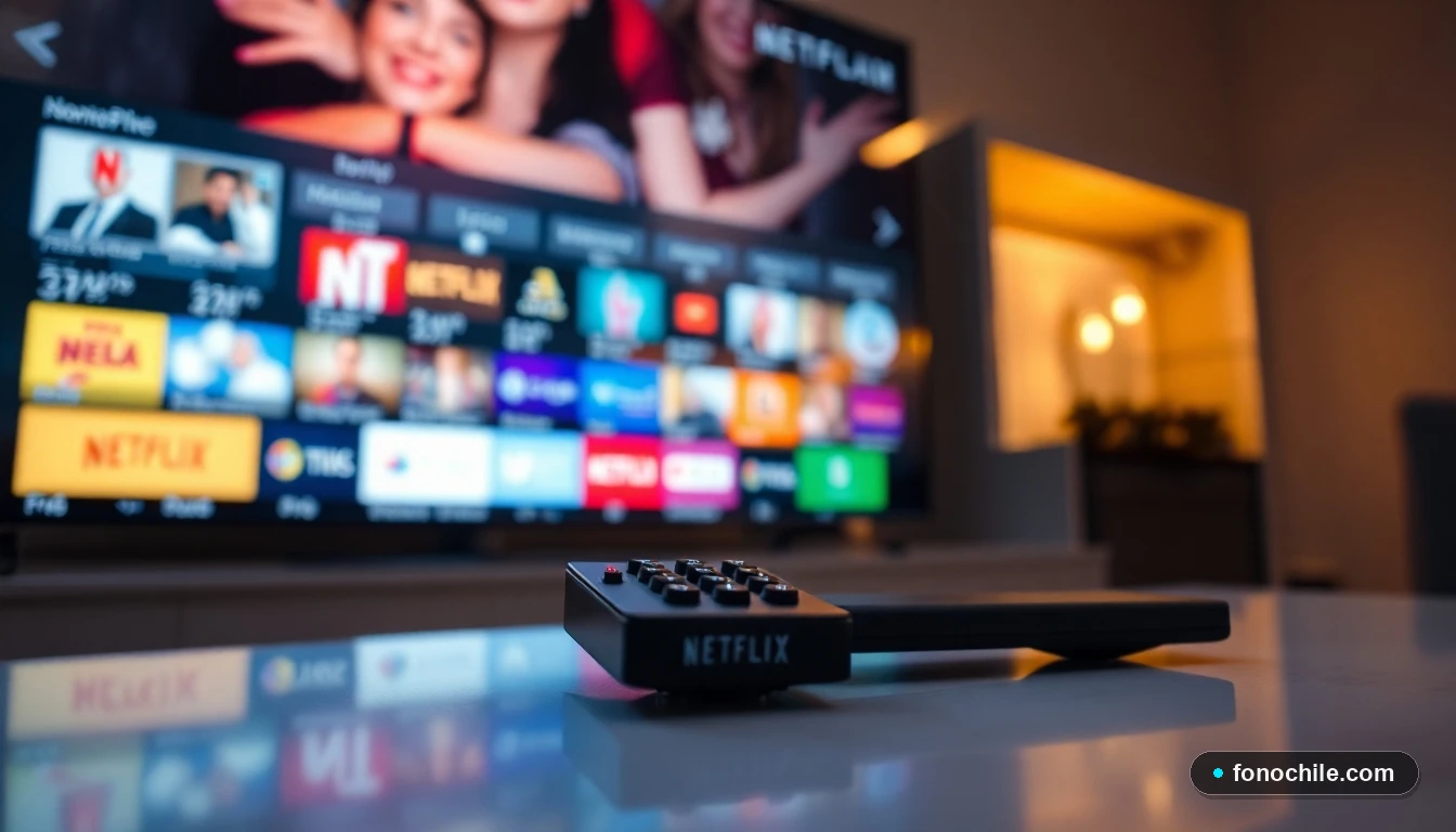 Primer plano del control remoto de Netflix y el reflejo de la pantalla en una superficie de consola pulida.