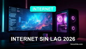 Un setup de gaming profesional con iluminación RGB cian y púrpura, sin lag, en un escritorio moderno.