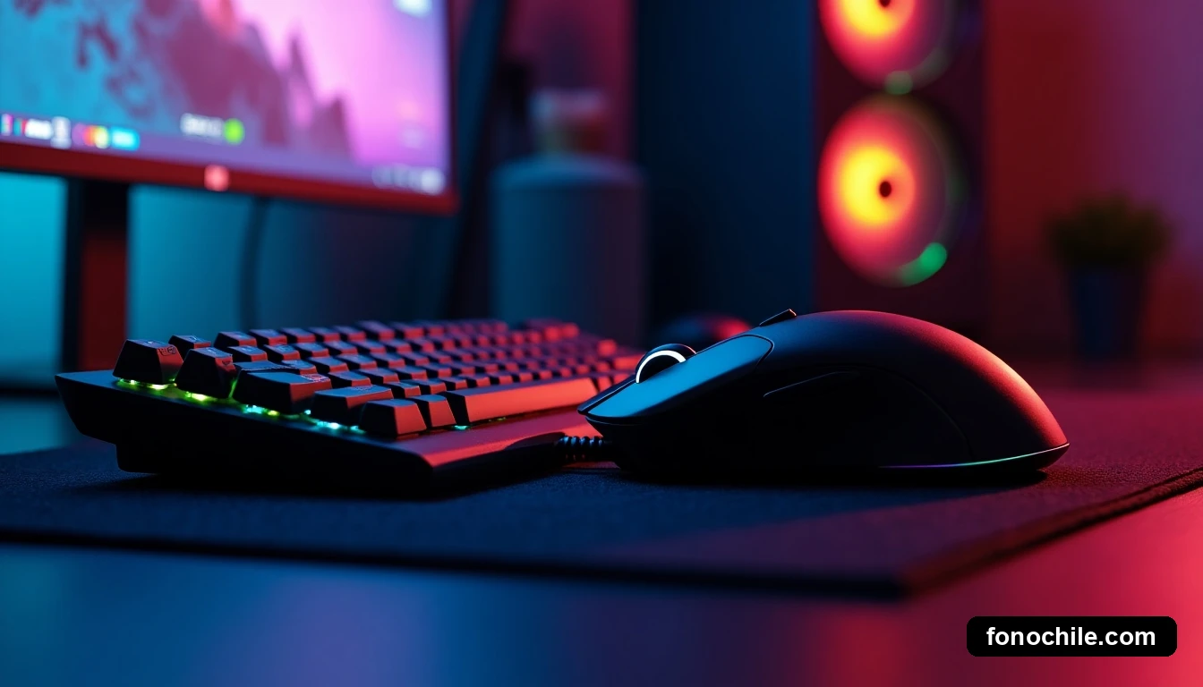 Detalle de teclado mecánico y mouse gamer con iluminación RGB, parte de un setup profesional para gaming online.