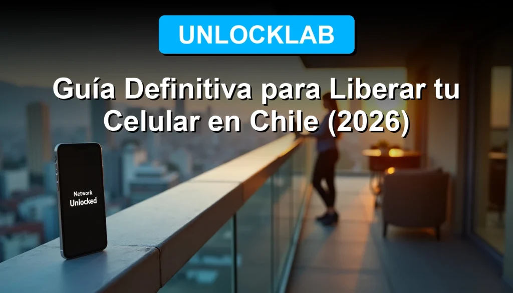 Hombre sonriente mirando su teléfono móvil liberado en una terraza con vista a Santiago de Chile al atardecer.