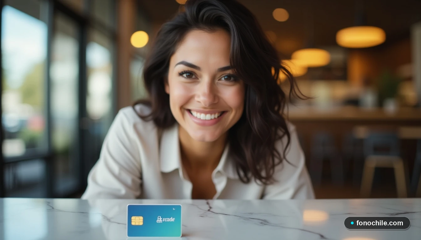 Joven mujer satisfecha en una cafetería moderna, con una tarjeta SIM sobre la mesa, simbolizando la finalización exitosa de la portabilidad.