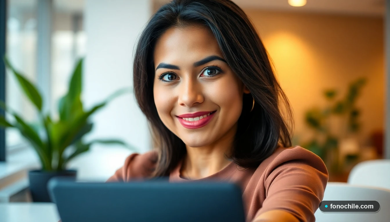 Asesora de servicio al cliente de Telsur sonriendo, con una tablet en el fondo mostrando una interfaz genérica.