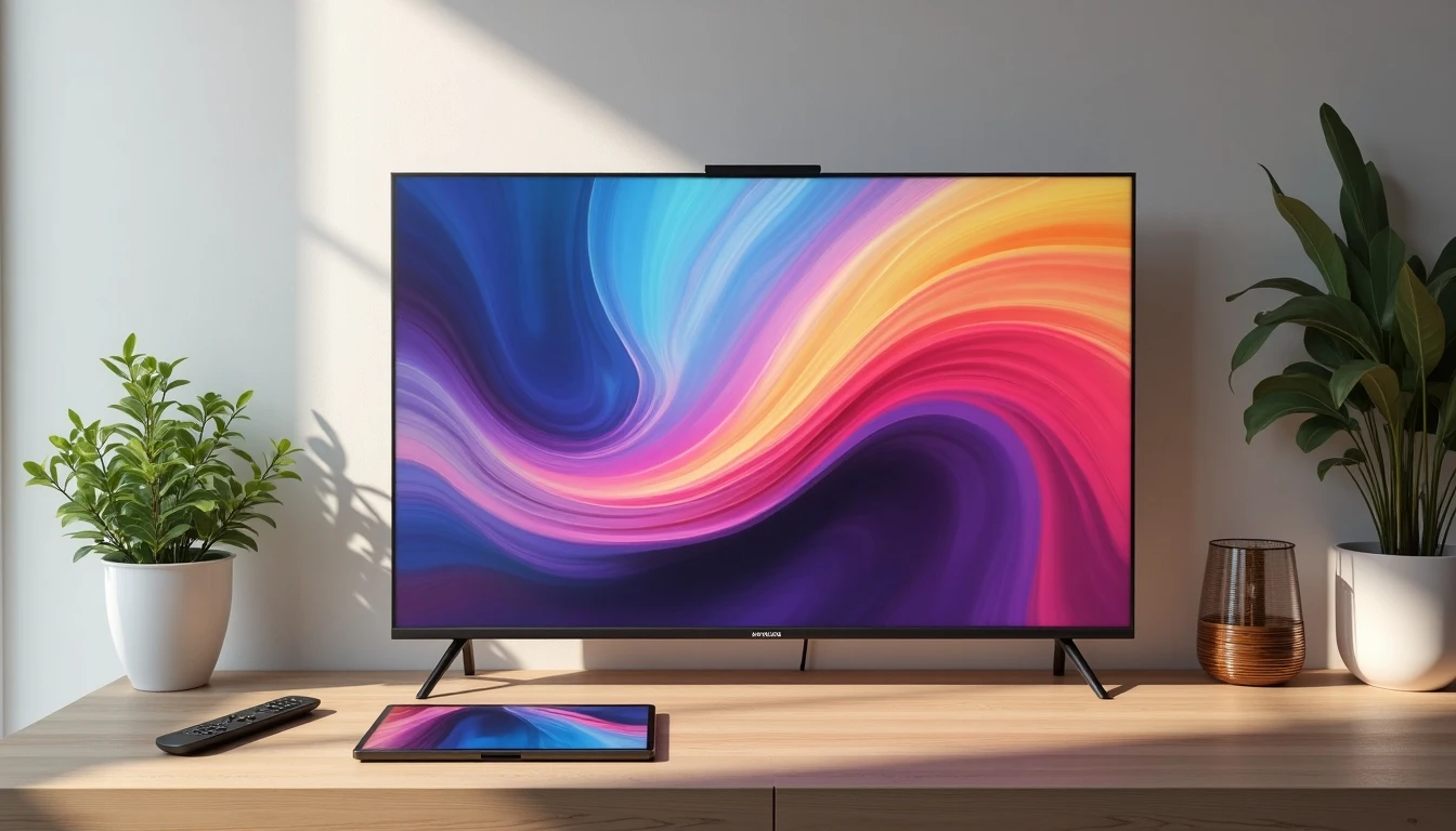 Elementos tecnológicos para ver televisión en 2026: TV inteligente, control remoto, cable de fibra óptica y símbolo de satélite en una mesa moderna.