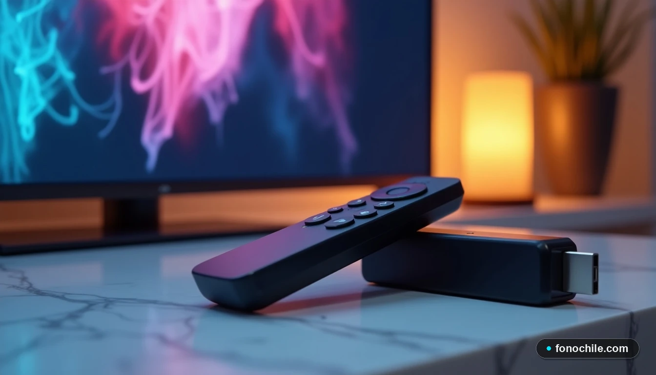 Dispositivos para controlar la televisión online: control remoto y dongle de streaming sobre una superficie moderna.