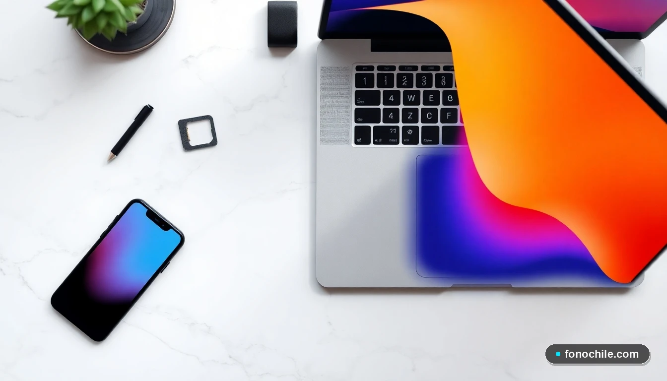 Dispositivos tecnológicos en una mesa mostrando interfaces genéricas de datos y gestión.