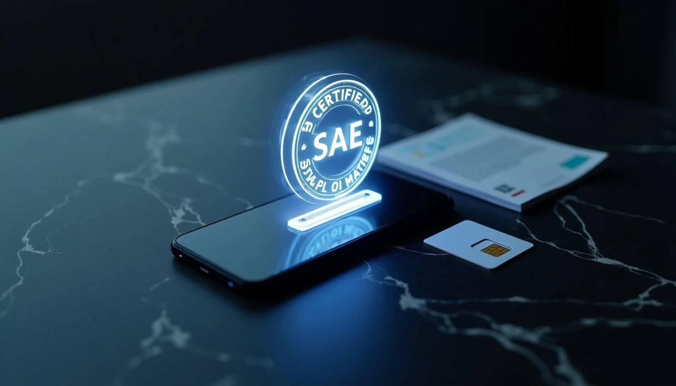 Teléfono inteligente con sello holográfico SAE certificado, SIM card y documentos oficiales en flat-lay.