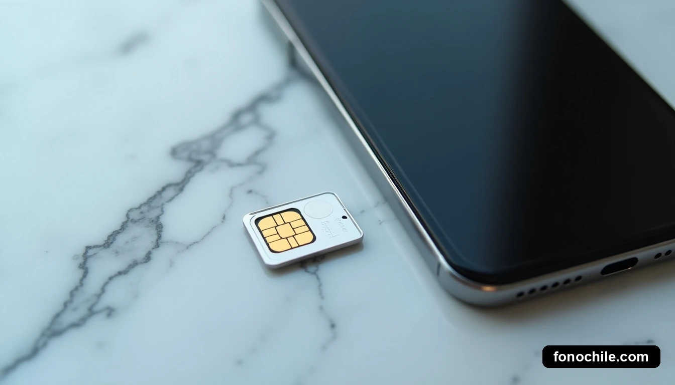 Vista superior de un teléfono inteligente y una bandeja de tarjeta SIM sobre una mesa de mármol, concepto de registro y actualización de dispositivo.