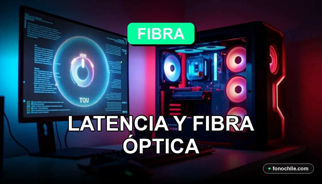 Guía de latencia para gaming online 2026 con fibra óptica en una configuración de PC gamer futurista.