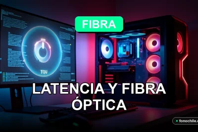 Guía de latencia para gaming online 2026 con fibra óptica en una configuración de PC gamer futurista.