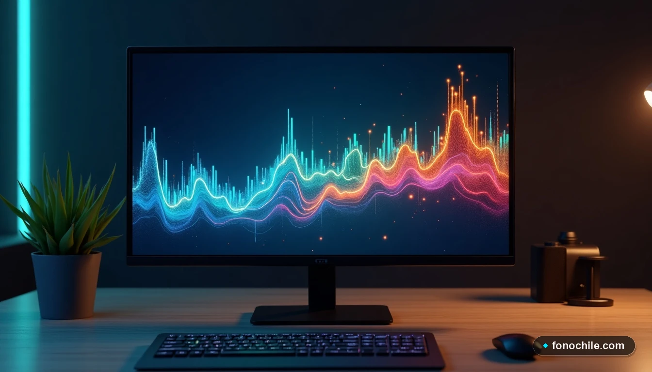 Gráfico abstracto de latencia de red en colores vibrantes sobre un monitor, representando la conexión ideal para gaming online.