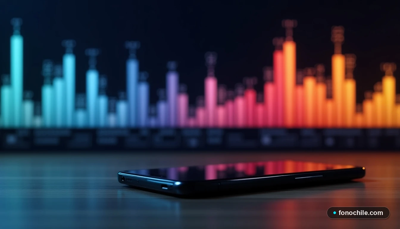 Gráfico abstracto de estadísticas de seguridad IMEI junto a un smartphone moderno sobre una mesa de madera.