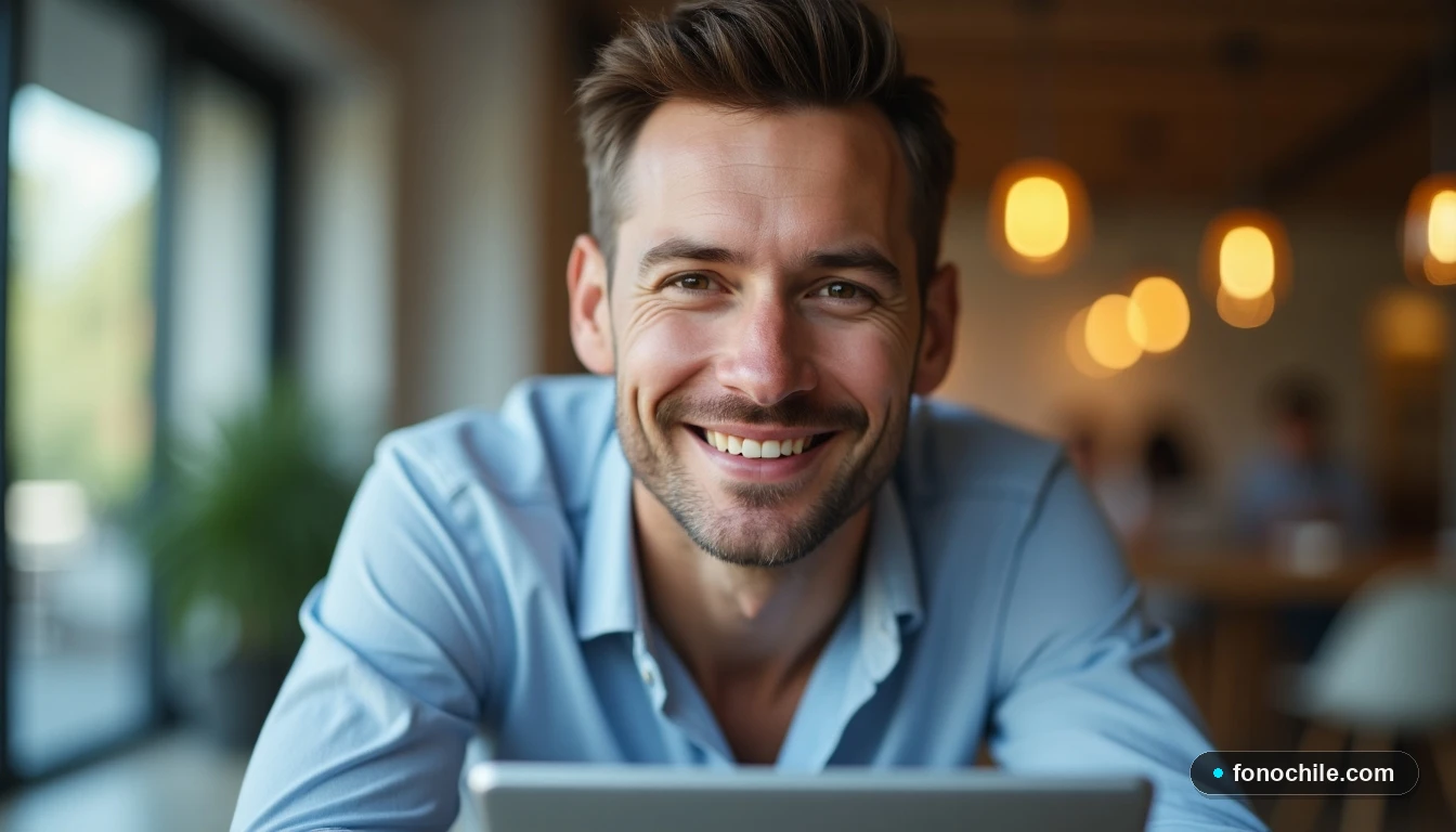 Hombre consultando información de roaming internacional VTR en una tablet.