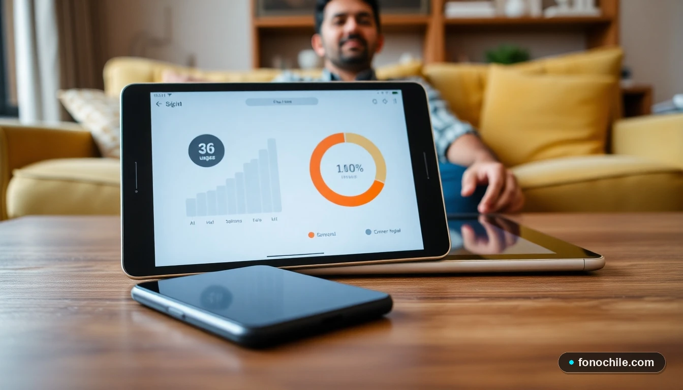 Dispositivos móviles mostrando gráficos de uso de datos y cobertura en un entorno hogareño moderno.
