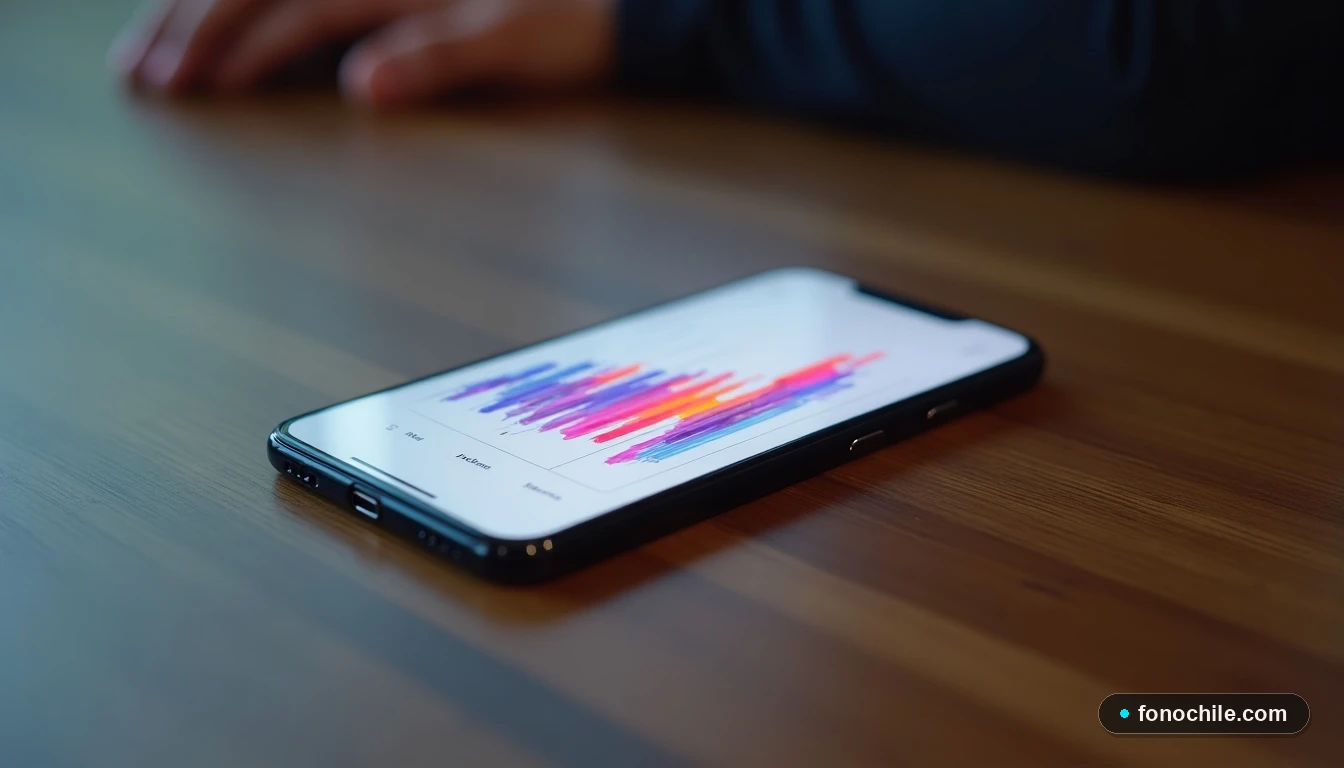 Smartphone mostrando gráficos abstractos de uso de datos móviles en una guía de servicios prepago.
