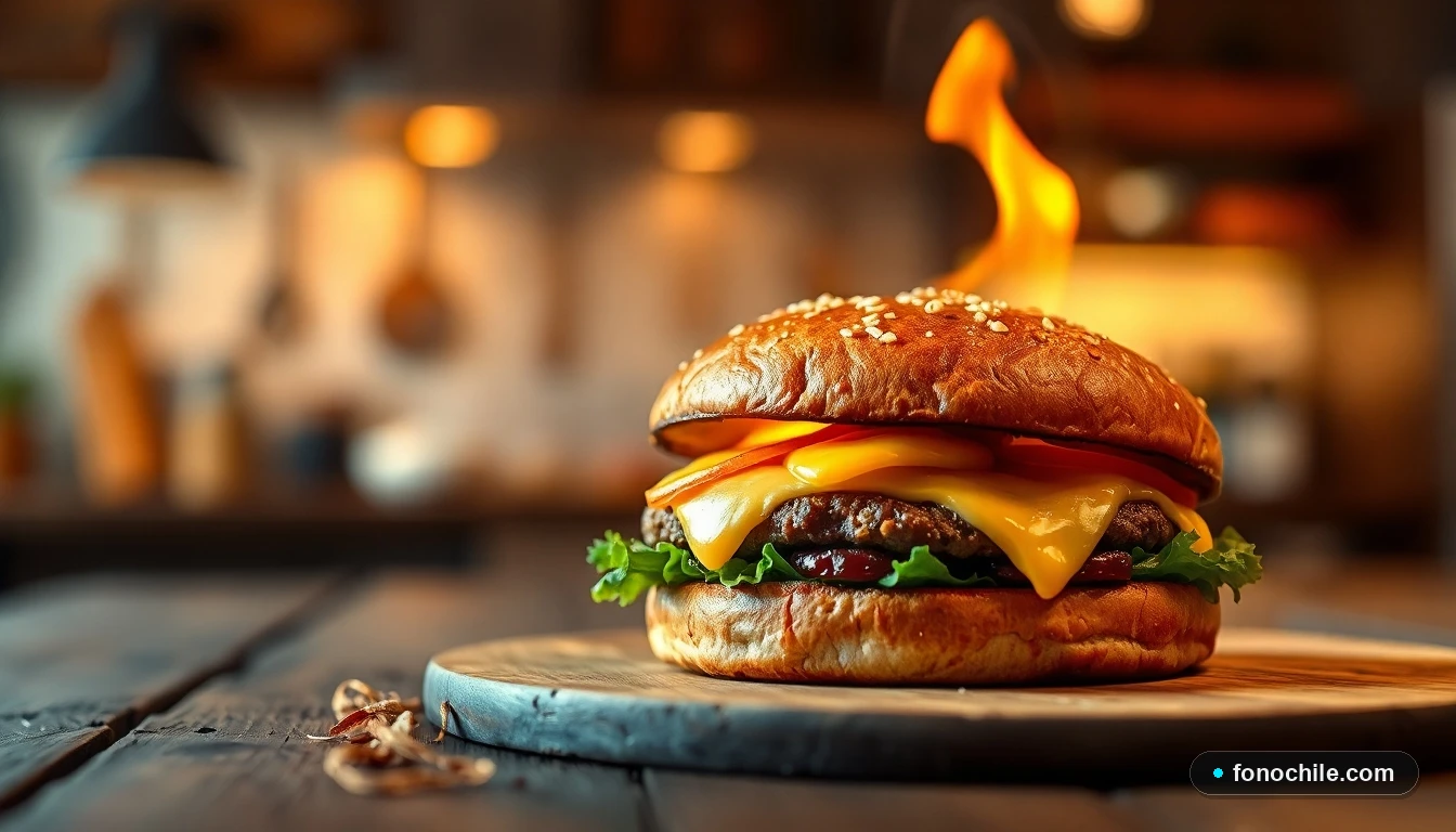 Hamburguesa flameada con queso derretido y efecto de llama, lista para degustar sobre una mesa de madera.