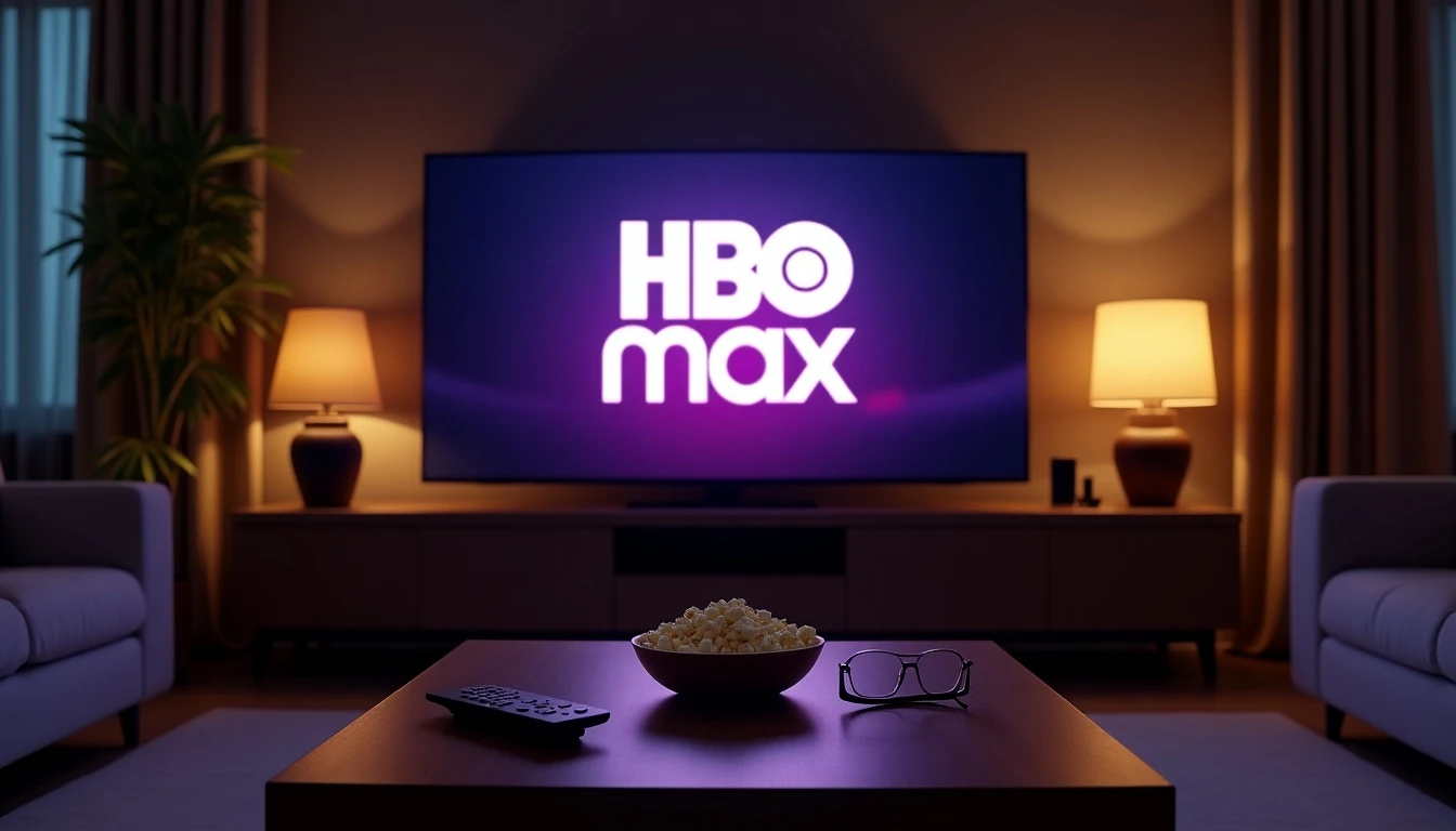 Ambiente perfecto para ver HBO Max Chile en el living, con pantalla encendida y elementos de entretenimiento.