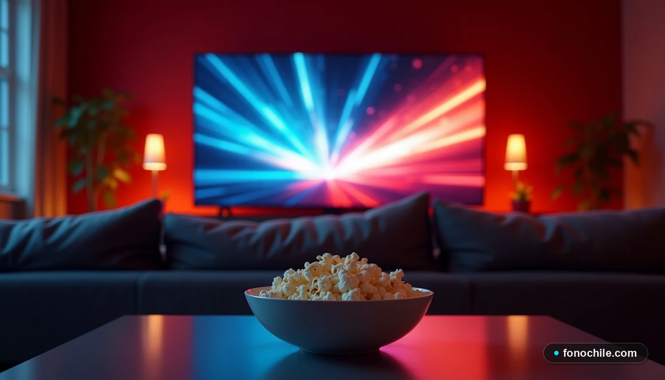 Vista de sala de cine en casa con televisor mostrando gráficos abstractos de colores deportivos, listo para una noche de entretenimiento.