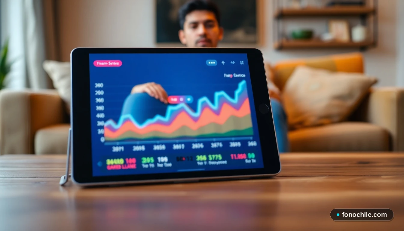 Gráfico abstracto de colores mostrando tendencias de precios de servicios de streaming en una tablet sobre una mesa de madera.