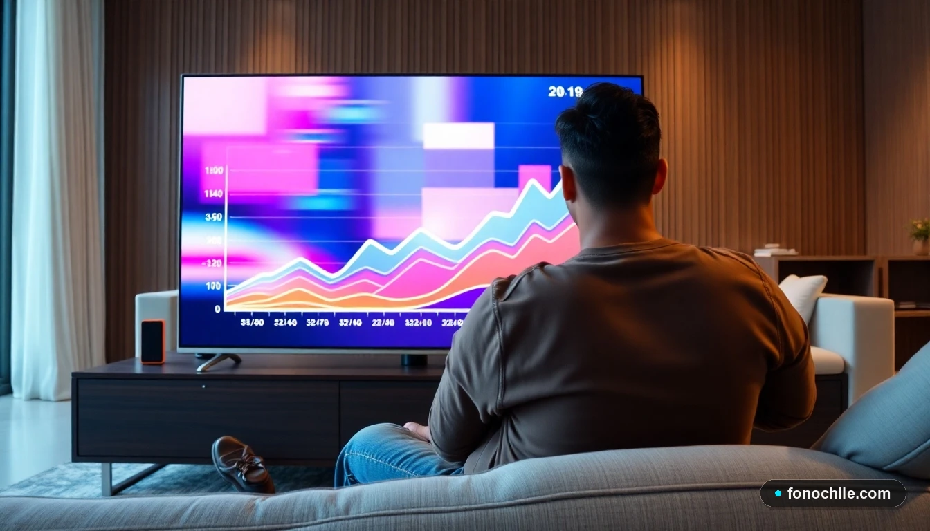 Pantalla de televisor mostrando gráficos de tendencias de streaming en colores vibrantes, en un moderno living chileno.