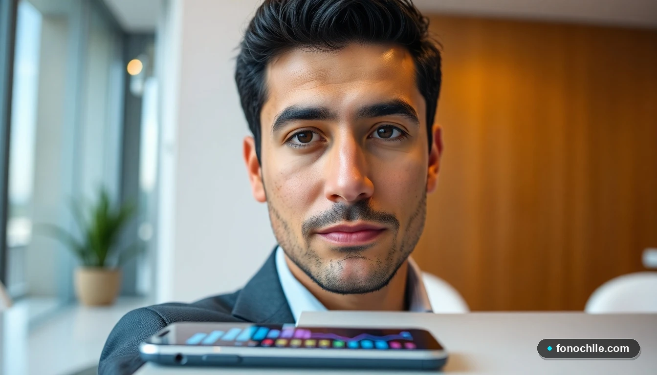 Asesor de HDI Seguros Chile ofreciendo soporte personalizado, con un teléfono inteligente en el fondo mostrando datos abstractos.