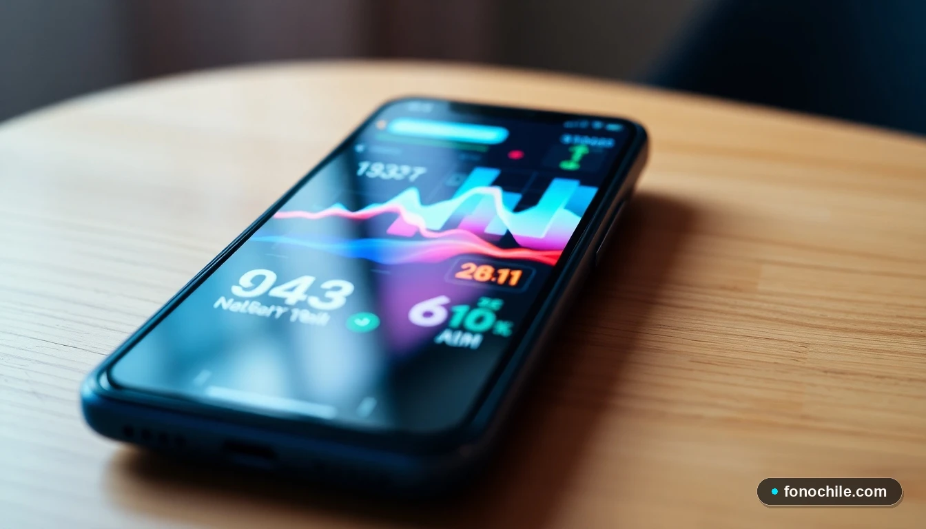 Primer plano de un teléfono inteligente moderno en una mesa, con visualizaciones de datos abstractos en su pantalla, representando el soporte técnico 24/7.