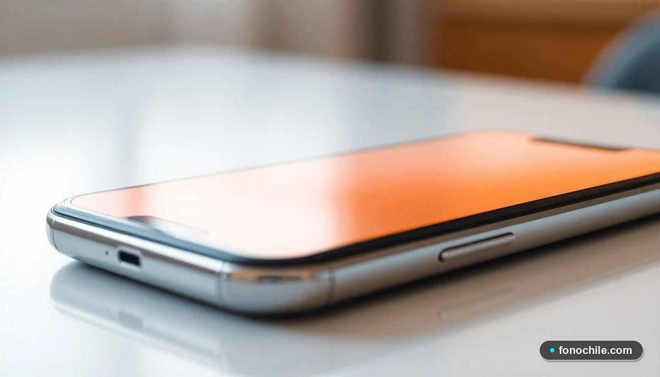 Primer plano del borde de un teléfono inteligente sobre una mesa de mármol, con la pantalla mostrando una interfaz genérica borrosa en tonos cálidos.