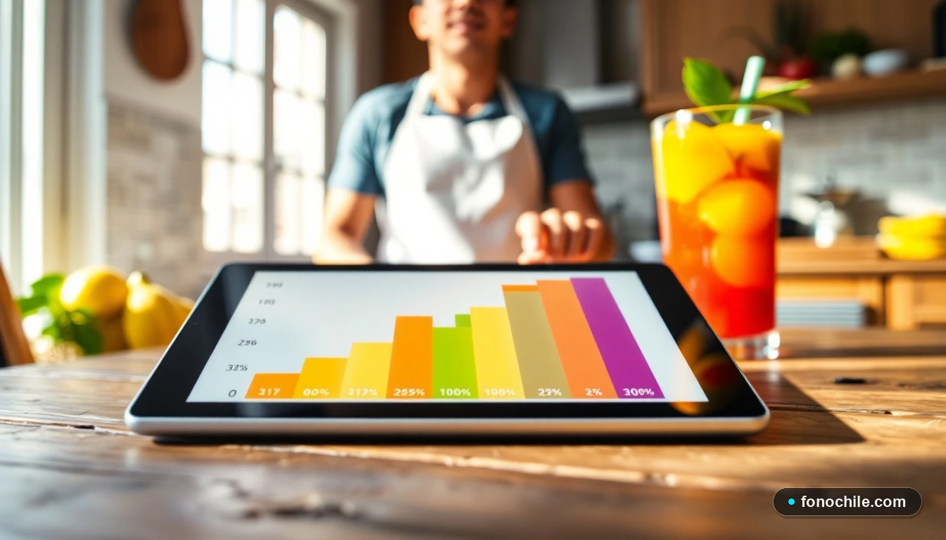 Gráfico abstracto de colores mostrando niveles de hidratación y porcentajes de jugos naturales en una tablet, con un vaso de jugo natural de fondo.