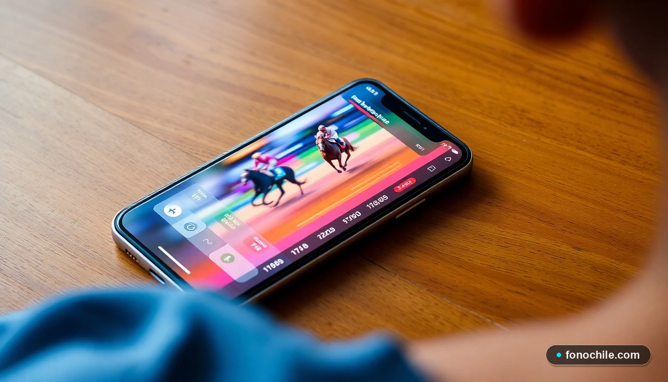 Smartphone mostrando transmisión en vivo de una carrera de caballos con gráficos de colores de probabilidades en el Hipódromo Chile.