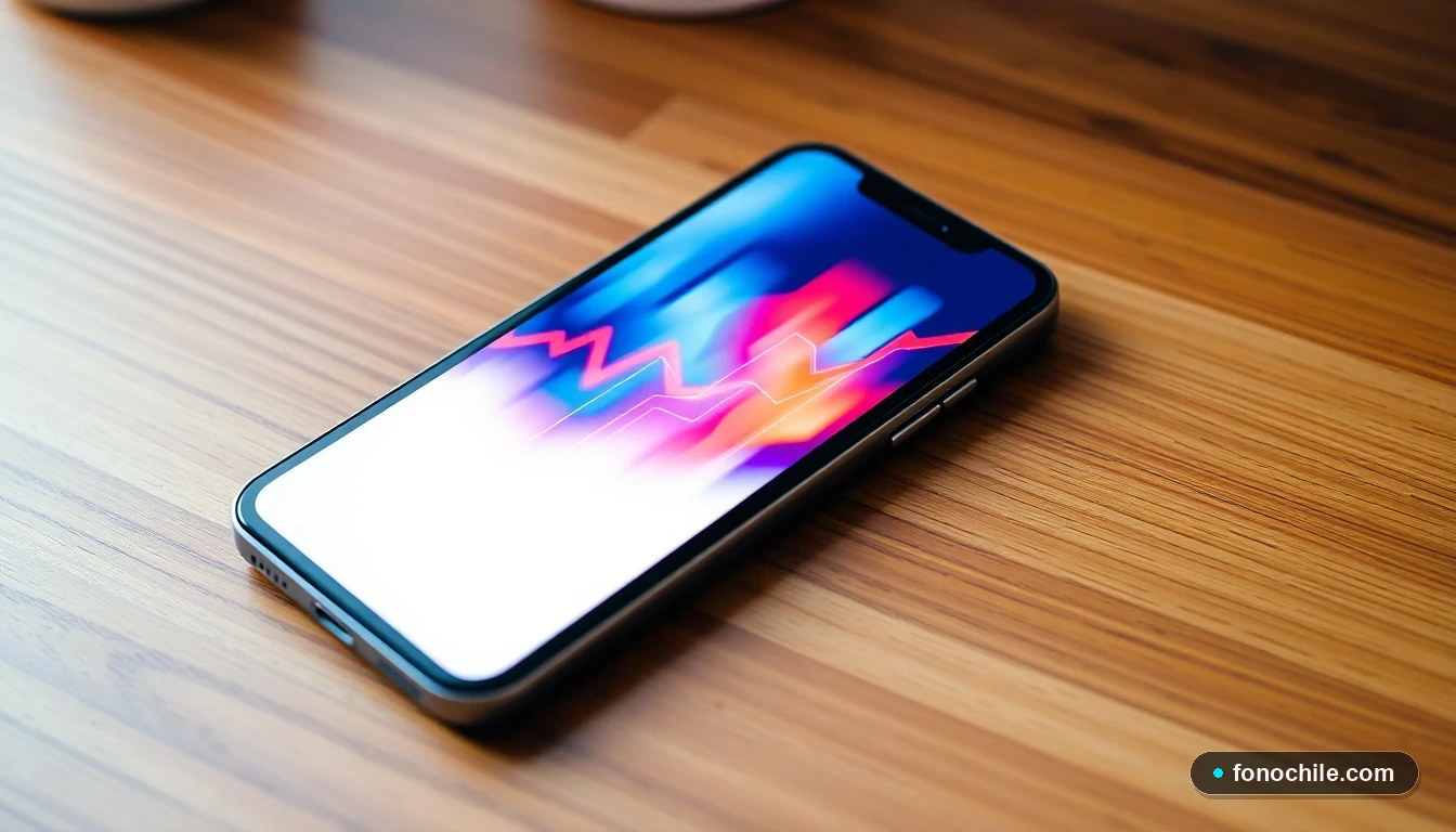 Smartphone mostrando gráficos de datos abstractos y coloridos sobre información de carreras de caballos en Chile.