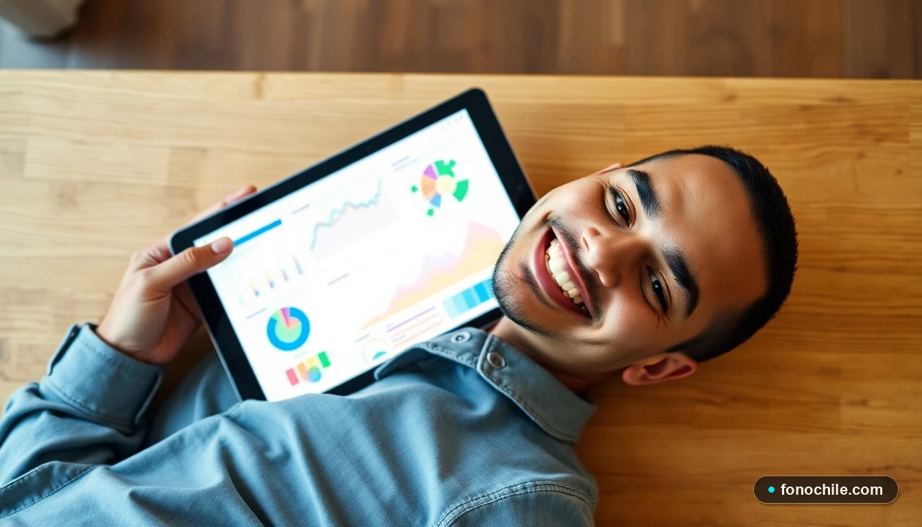 Hombre revisando gráficos abstractos de evolución empresarial en una tablet sobre una mesa de madera.