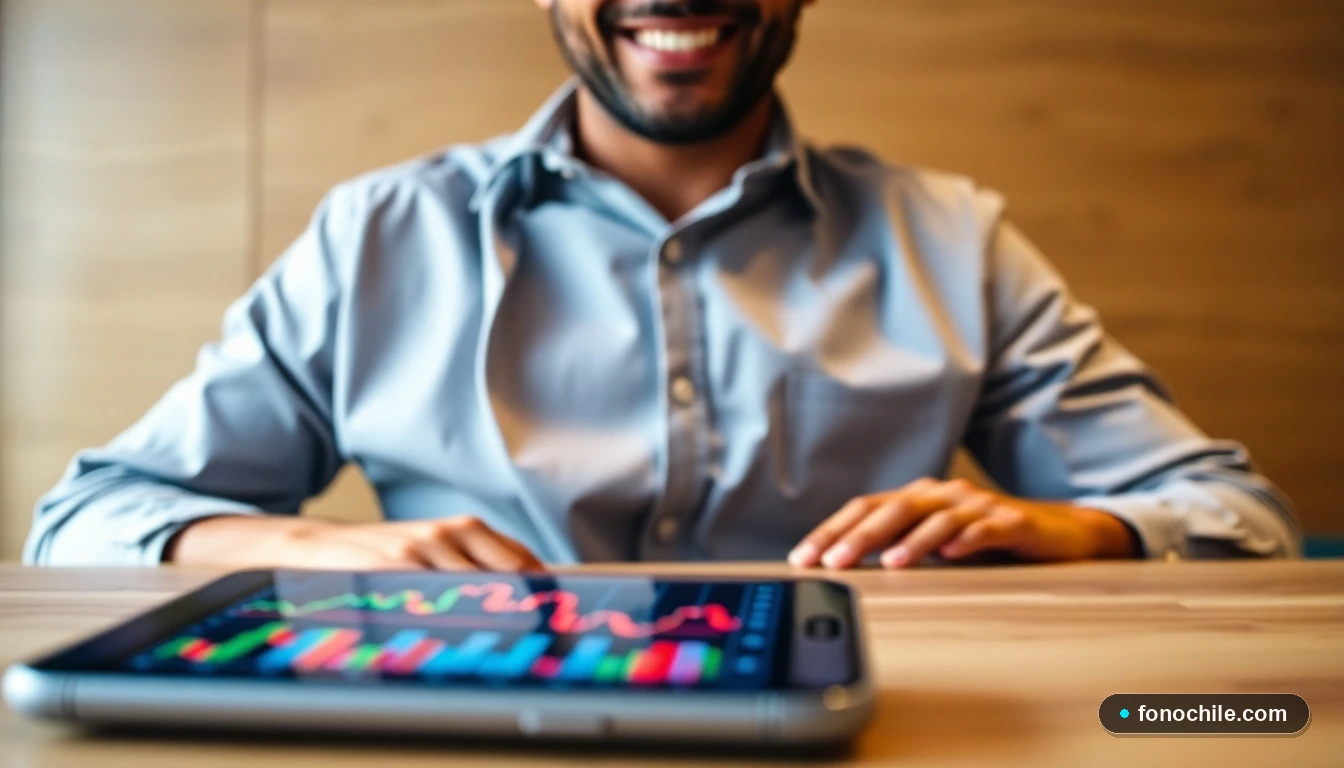 Hombre revisando gráficos financieros abstractos en dispositivos móviles sobre una mesa de madera.